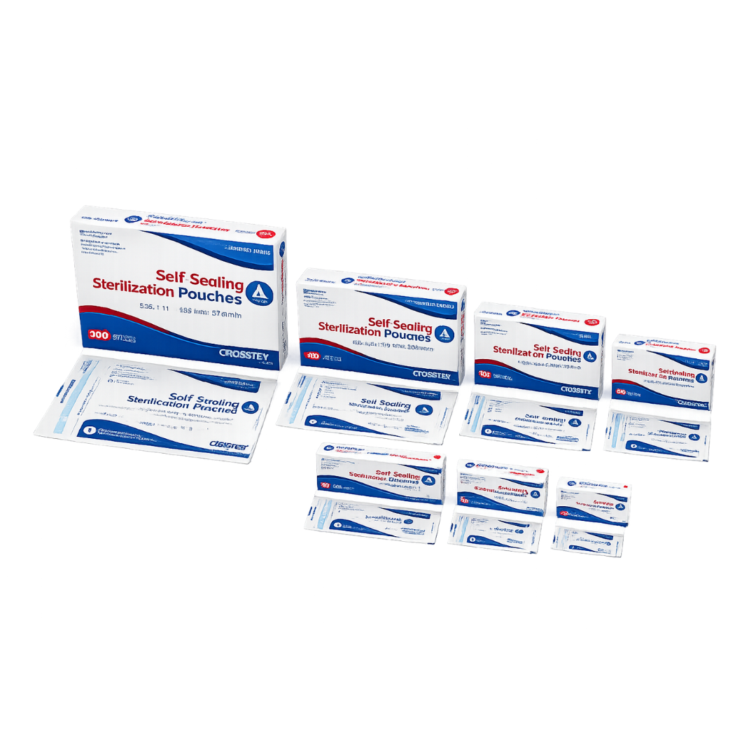 Dynarex Sterilization Pouches, including self-sealing instrument pouches in various sizes, are shown with their packaging boxes and individual pouches, all neatly arranged on a white background.